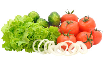 Lettuce, tomatoes, cucumbers, onion