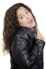 happy young woman in a leather jacket