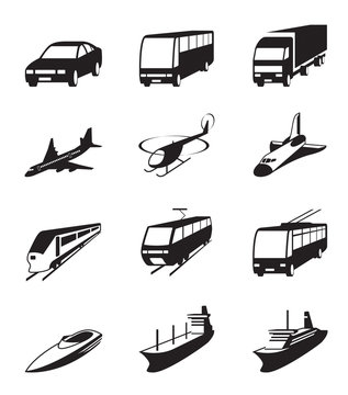 Road, sea and space transportation icons set