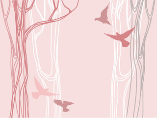 Abstract forest with trees silhouettes and flying birds