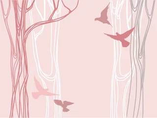 Fotobehang Vogels in het bos Abstract bos met silhouetten van bomen en vliegende vogels