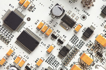 White electronic circuit board, top view