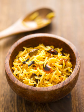 Close Up Of A Bowl Of Indian Turmeric Rice