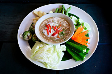 King Mackerel in Thai soya bean dipping sauce served with vegeta