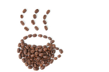 Coffee cup shape made of coffee beans, copyspace