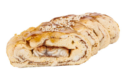 Omelet Maki Sushi - Roll made of Smoked Eel inside. Topped with