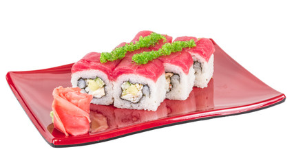 Maki Sushi - Roll made of Crab, avocado, cucumber inside. Fresh