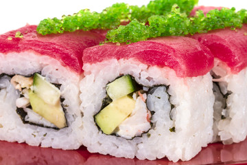 Maki Sushi - Roll made of Crab, avocado, cucumber inside. Fresh
