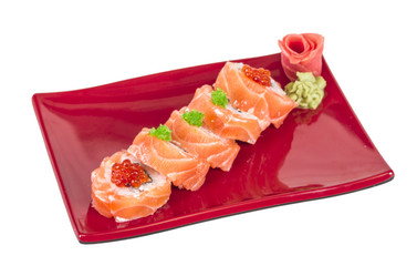 Japanese sushi traditional japanese food.Roll made of salmon, re