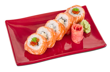 Japanese sushi traditional japanese food.Roll made of salmon, re