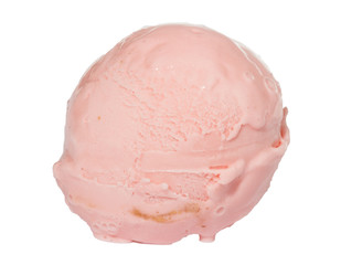 Scoop of strawberry ice cream from top on white background