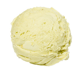 Scoop of pistachio ice cream from top on white background