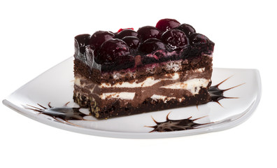 Chocolate cake with cherry on top on a white background