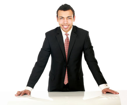 A Young Man Standing Near Desk, Isolated On White Background