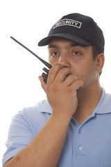 Security guard hand holding cb walkie-talkie radio