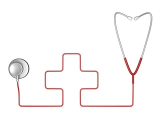 Stethoscope and red cross symbol of medicine on white background