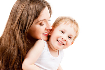 portrait of mother and child, isolated on white