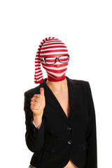 funny business woman with thump up isolated on white