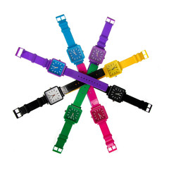 colorful set of plastic wrist watches isolated on white