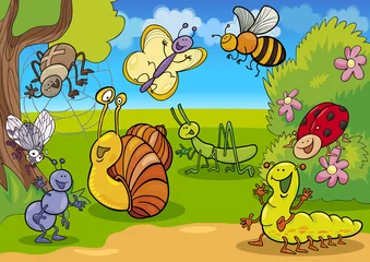 Foto op Plexiglas Lieveheersbeestjes tekenfilm insecten op de weide