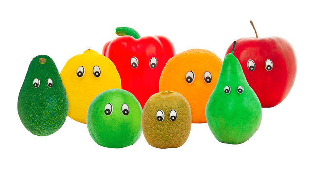The isolated fruit and vegetables with eyes