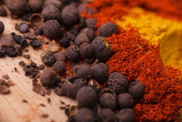 Closeup of spices composition, anise, cinnamon, paprica, curry,