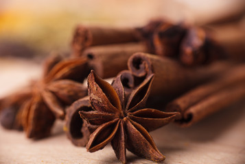 Closeup of spices composition, anise, cinnamon, paprica, curry,