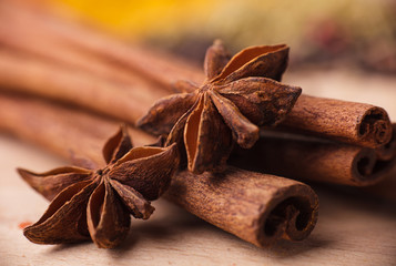 Closeup of spices composition, anise, cinnamon, paprica, curry,
