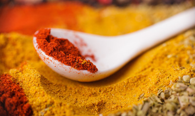 Closeup of spices composition, anise, cinnamon, paprica, curry,