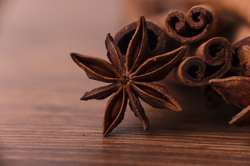 Closeup of cinnamon sticks and anise stars spices