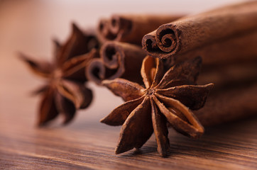 Closeup of spices composition, anise, cinnamon, paprica, curry,