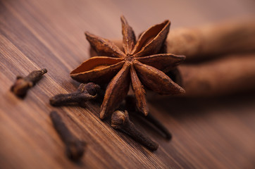 Closeup of cinnamon sticks and anise stars spices
