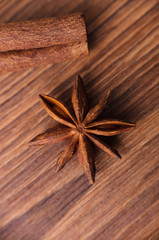 Closeup of cinnamon sticks and anise stars spices