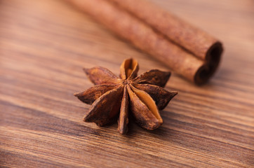 Closeup of cinnamon sticks and anise stars spices