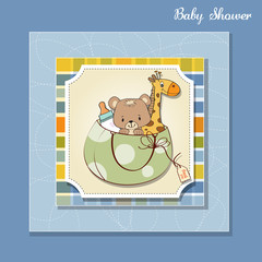 new baby announcement card with bag and same toys