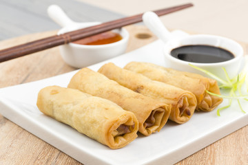 Spring Rolls - Fried duck spring rolls, soy & sweet chili sauce © paul_brighton
