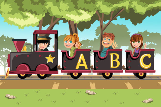 Kids riding alphabet train