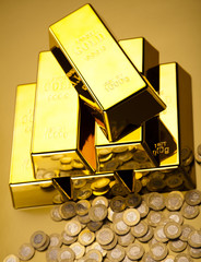 Coins and gold bars, Finance Concept