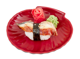 Eel sushi. Isolated over white.