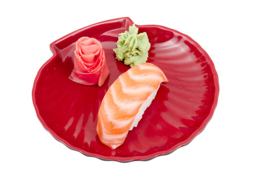 studio shoot of japanese sushi vaki with salmon on white backgro
