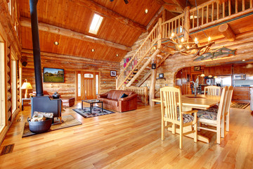 Large luxury log house living room.