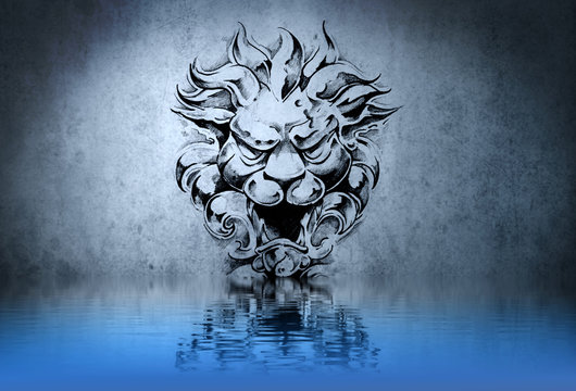 Stone gargoyle tattoo on blue wall reflections in the water