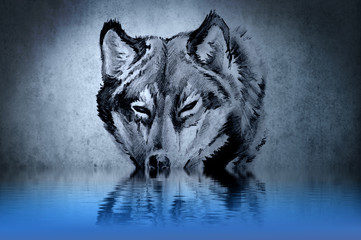 Tattoo of a wolf's head with water reflections