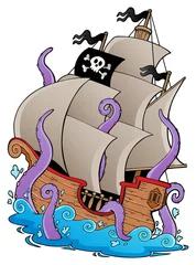Abwaschbare Fototapete Piraten Altes Piratenschiff mit Tentakeln