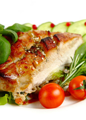 Glazed Roast Pork with vegetables isolated on white background.