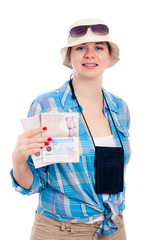 Happy traveller woman with passport