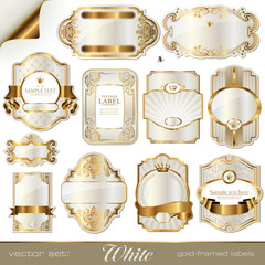 white gold-framed labels