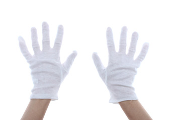 cloth glove on hands isolated on white.