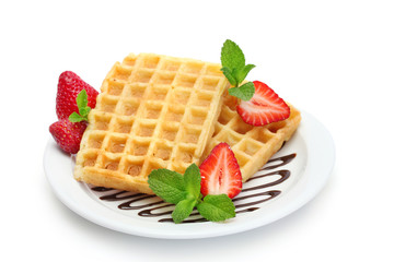 belgium waffles with strawberries and mint