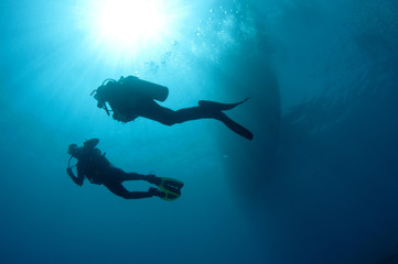 sihlouetted scuba divers